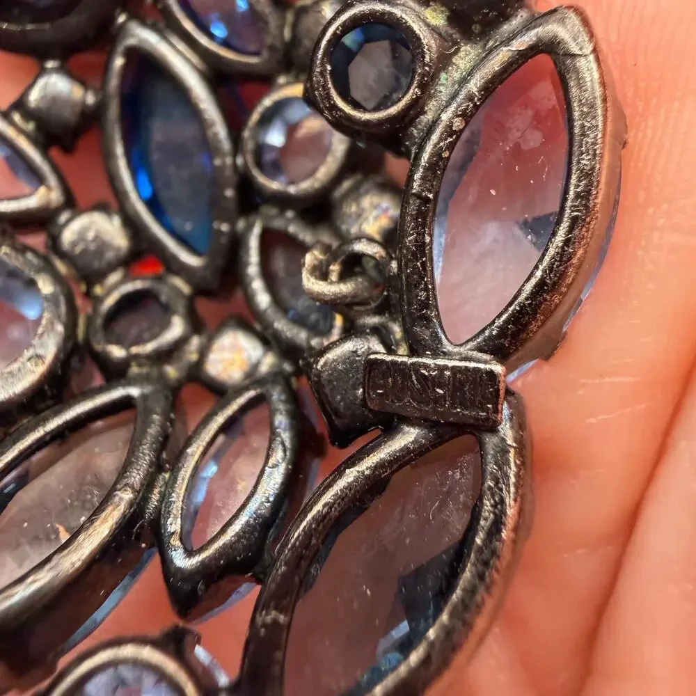 Vintage Signed AUSTRIA Blue Rhinestone Domed Bombé Cluster Brooch Pin⁠
